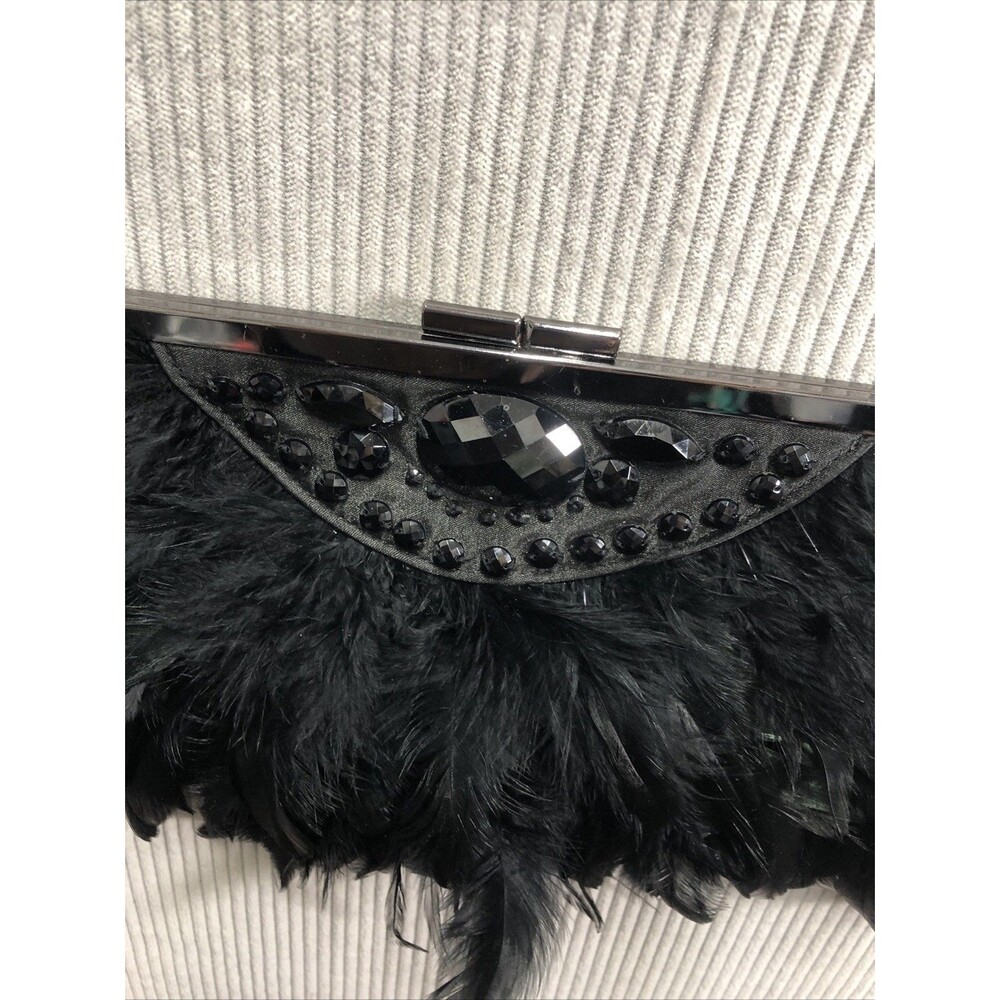Black Feather Rhinestone Clutch Purse Convertible Chain Shoulder Evening Bag - Picture 3 of 14